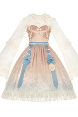 Pink Round Collar Trumpet Sleeves Rabbit Embroidery Print High Waisted Sweet Lolita OP Dress - Product - 3