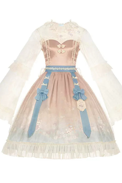 Pink Round Collar Trumpet Sleeves Rabbit Embroidery Print High Waisted Sweet Lolita OP Dress - Product - 3