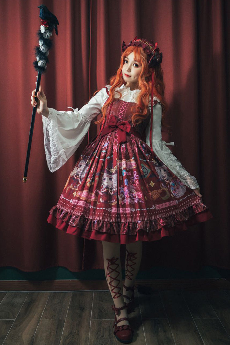 Red [Little Witch] Sleeveless Print Ruffle Bowknot Sweet Elegant Lolita Jsk Dress - Product - 9
