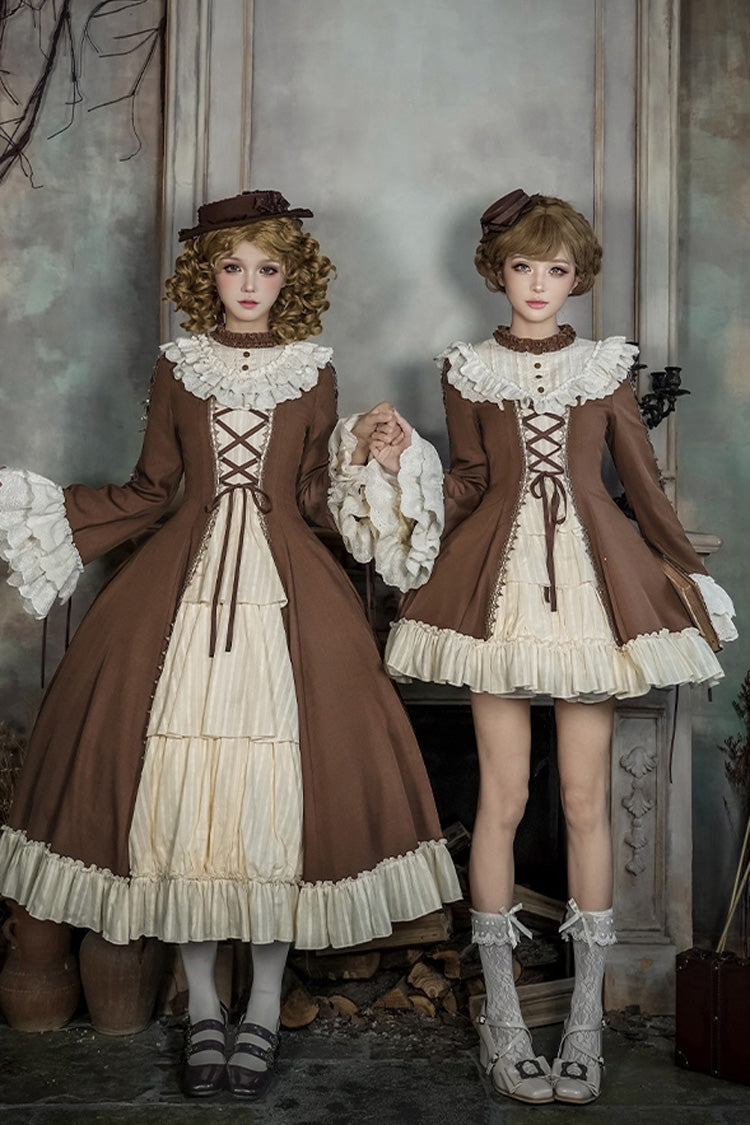 Brown/Beige [Nutcracker] Stand Collar Long Trumpet Sleeves Ruffle Cardigan Bowknot Lace-Up Sweet Lolita Dress Set 2 Versions - Product - 13