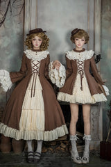 Brown/Beige [Nutcracker] Stand Collar Long Trumpet Sleeves Ruffle Cardigan Bowknot Lace-Up Sweet Lolita Dress Set 2 Versions - Product - 13