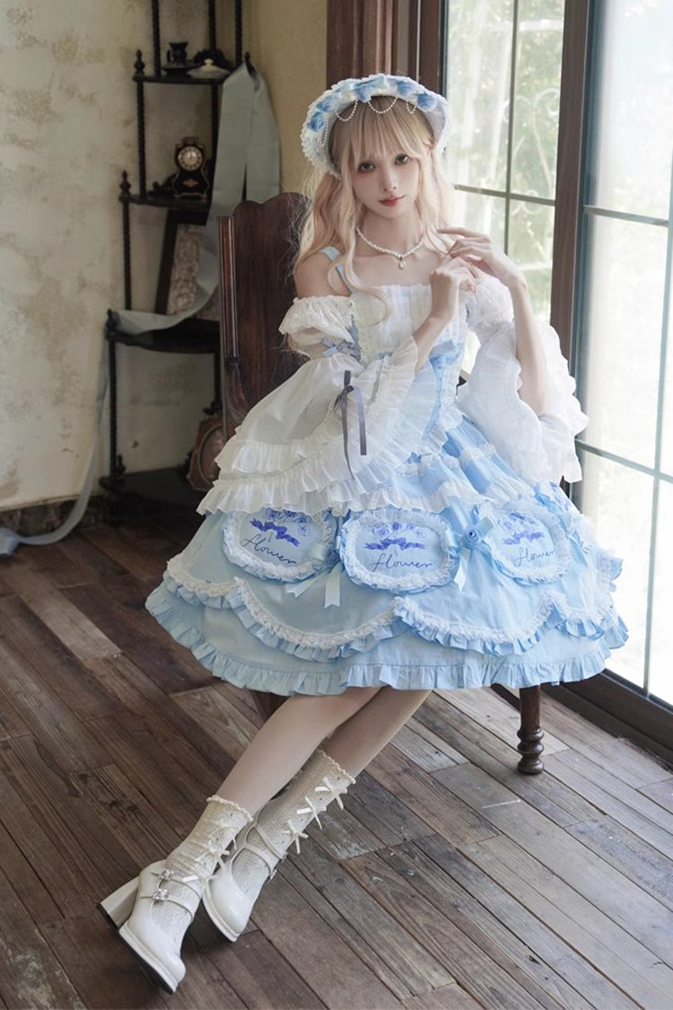 Blue [Butterfly Dream] Multi-Layered Print Ruffle Bowknot Sweet Princess Lolita Jsk Dress - Product - 3