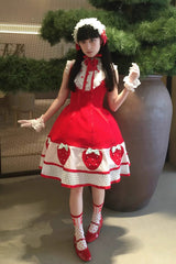 [Miss Peculiar Strawberry] Stand Collar Sleeveless Printed Bow Sweet Lolita Dress 2 Colors (Red, Blue/Black) - Product - 17