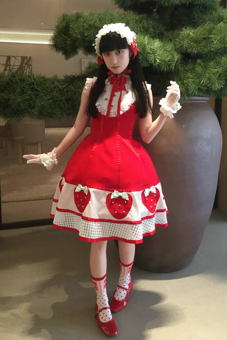 [Miss Peculiar Strawberry] Stand Collar Sleeveless Printed Bow Sweet Lolita Dress 2 Colors (Red, Blue/Black) - Product - 17