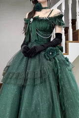 Green [Bright Stars] Off Shoulder Ruffle Bowknot Asymmetric Sweet Elegant Princess Lolita Dress - Product - 5