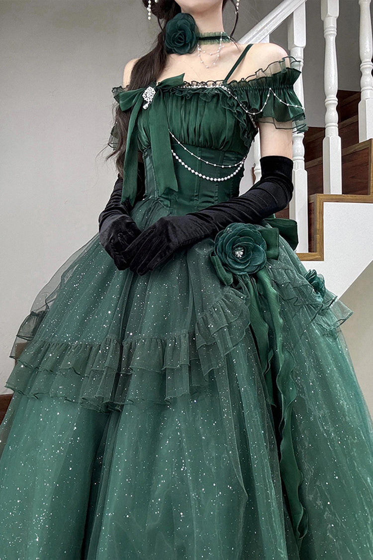 Green [Bright Stars] Off Shoulder Ruffle Bowknot Asymmetric Sweet Elegant Princess Lolita Dress - Product - 5