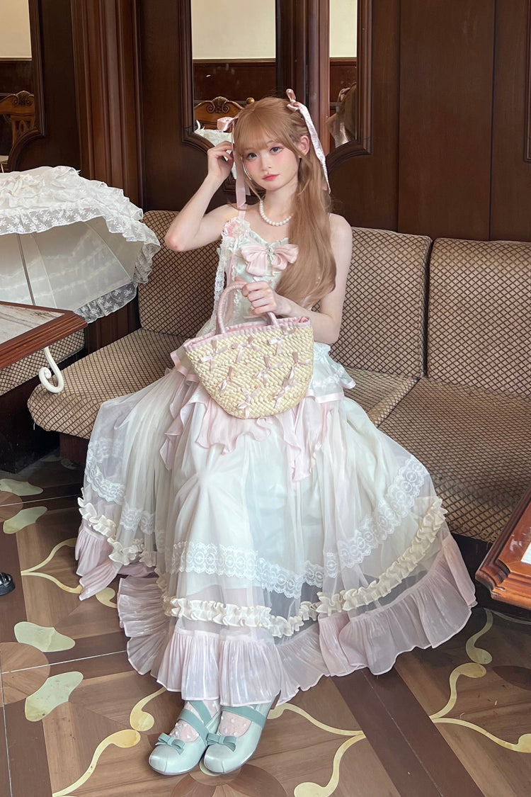 Pink/Green Summer Garden Ruffle Embroidery Bowknot Lace Sweet Lolita Jsk Long Dress - Product - 5