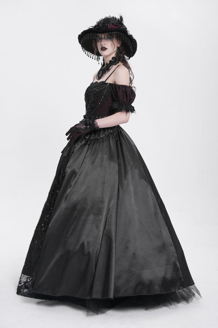 Black Off Shoulder Short Sleeves Jacquard Cardigan Stitching Lace Women's Gothic Dress - Product - 7