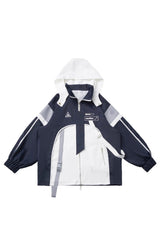 Blue/White [Message Overload] Techwear Long Sleeves Embroidered Asymmetric Jirai Kei Coat Skirt Set - Coat - 5