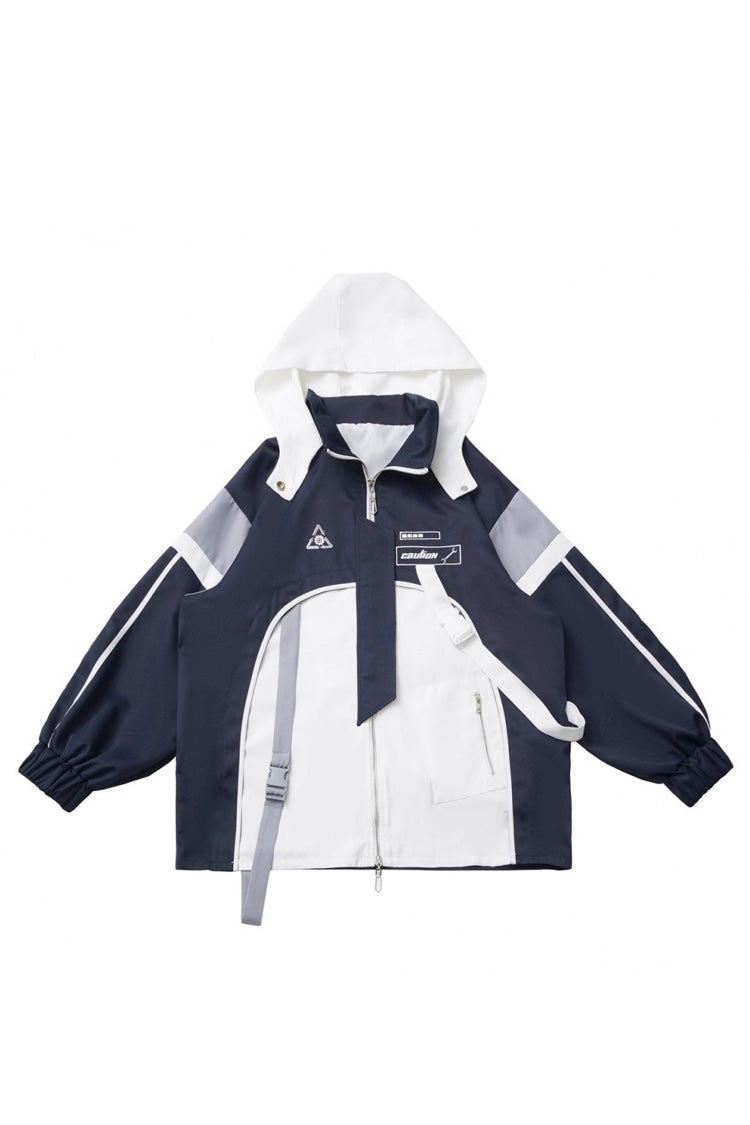 Blue/White [Message Overload] Techwear Long Sleeves Embroidered Asymmetric Jirai Kei Coat Skirt Set - Coat - 5