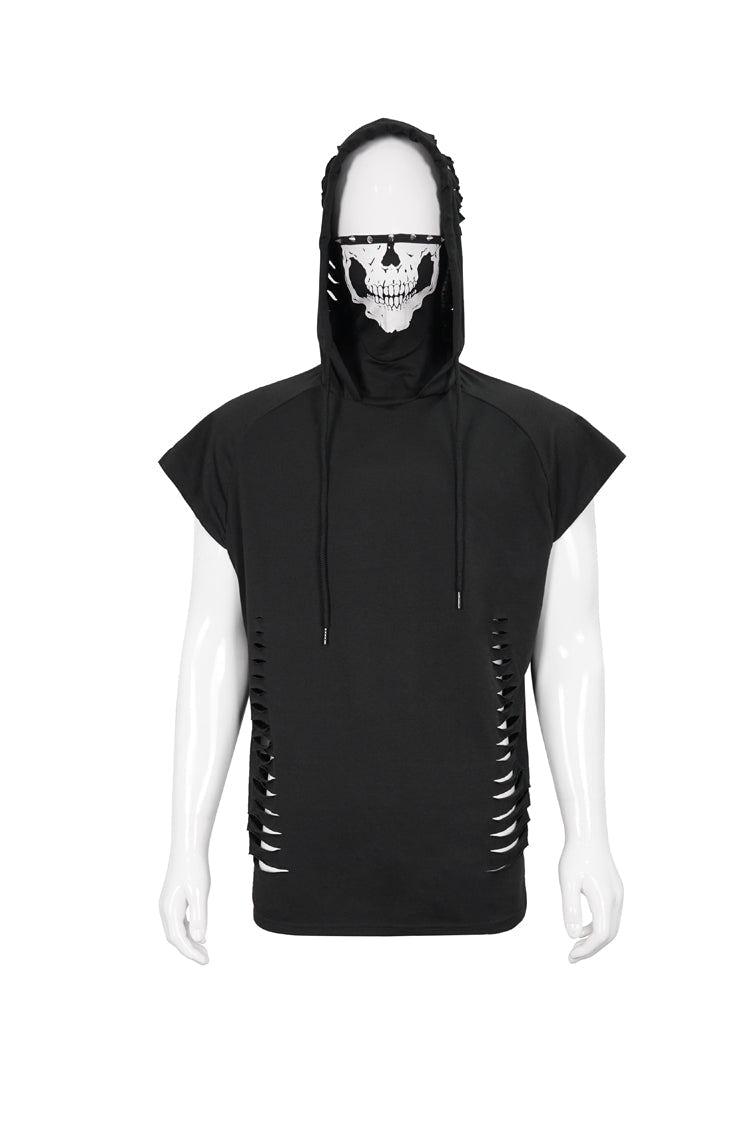 Black Skull Print Super High Neck Masked Rivet Hole Hooded Short Sleeve Men's Punk T-Shirt - Product - 7