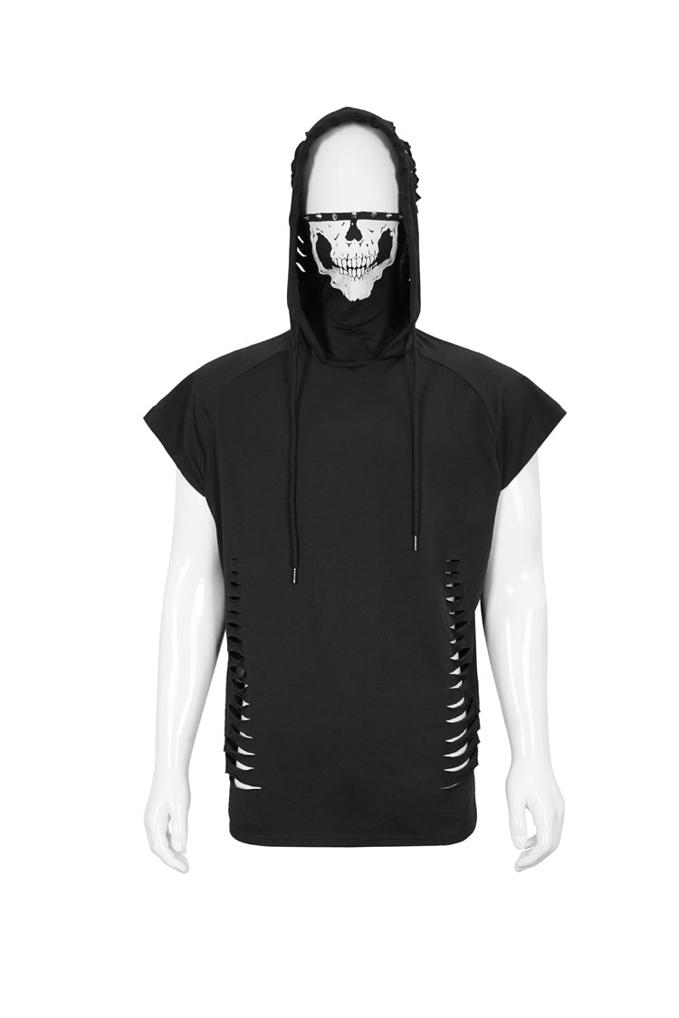 Black Skull Print Super High Neck Masked Rivet Hole Hooded Short Sleeve Men's Punk T-Shirt - Product - 7