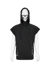 Black Skull Print Super High Neck Masked Rivet Hole Hooded Short Sleeve Men's Punk T-Shirt - Product - 7