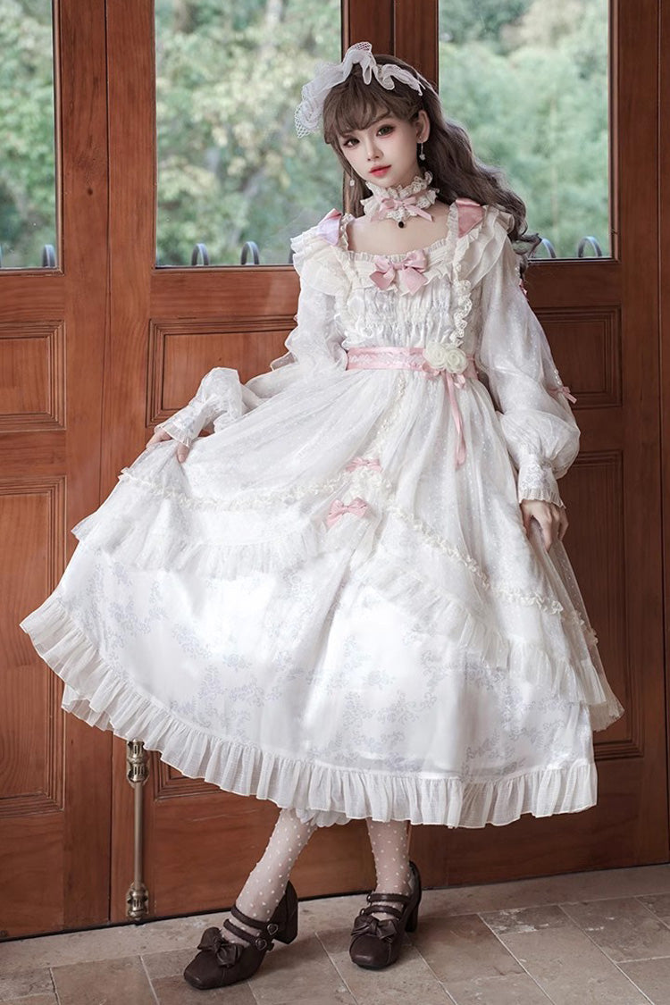 Ivory Long Sleeves Rose Print Bowknot Sweet Princess Lolita Dress - Product - 3
