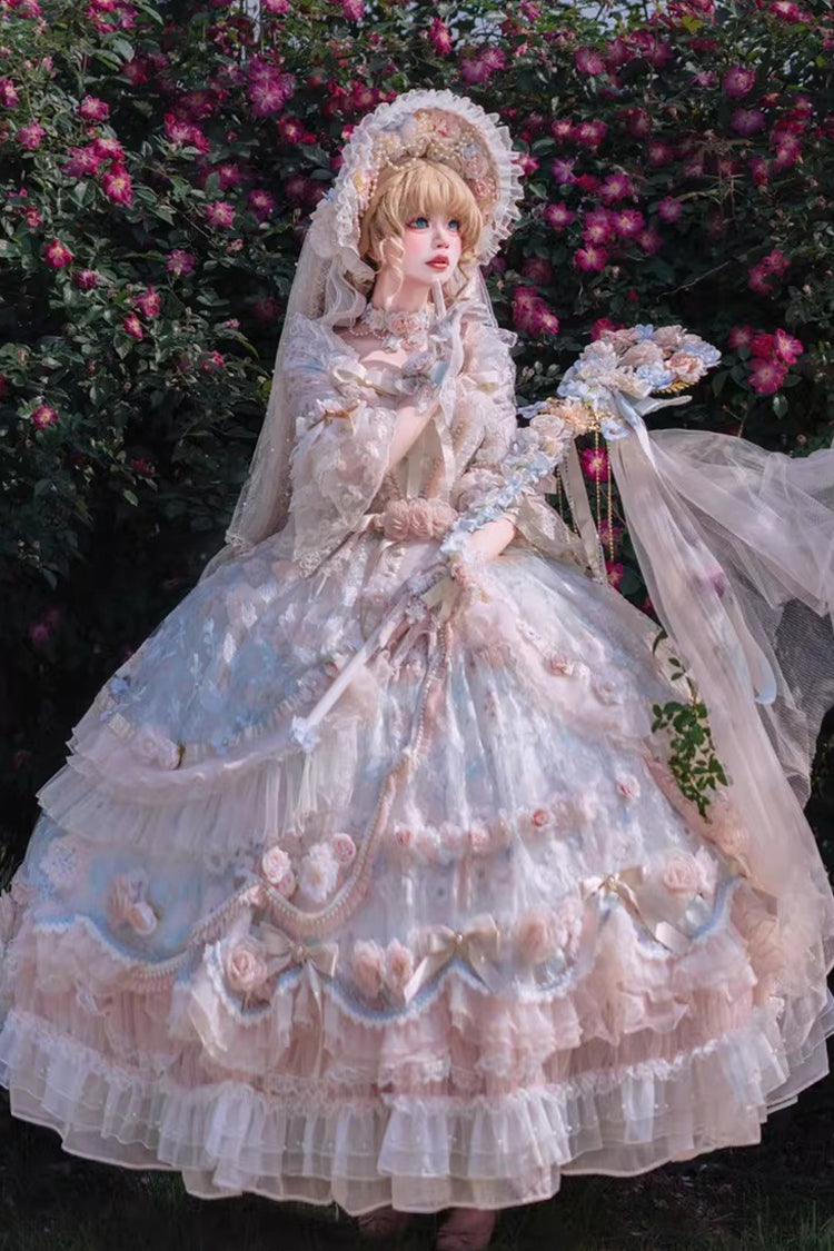 Blue/Pink [Rose Blossom Banquet] Multi-Layered Printed Ruffled Hanayome Bow Lace Sweet Plus Size Princess Gorgeous Lolita Dress - Product - 3