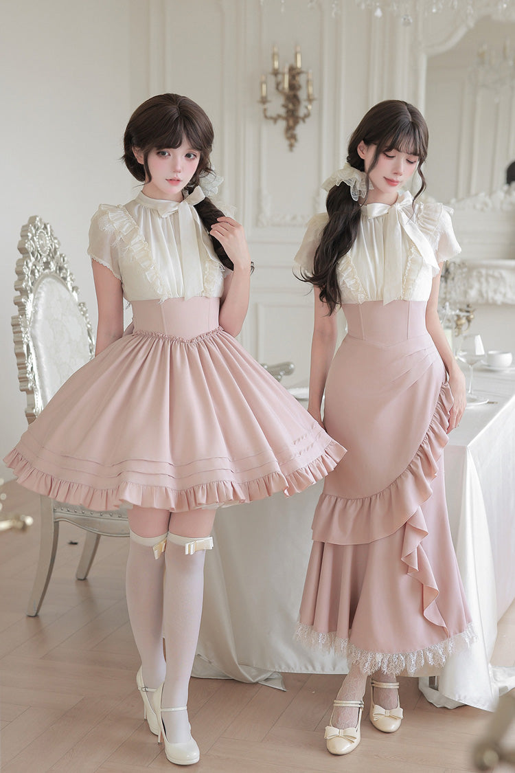 White/Pink Round Collar Short Sleeves Ruffled Bow Lace Color-Blocked Boned Sweet Lolita Dress 2 Versions - Product - 9