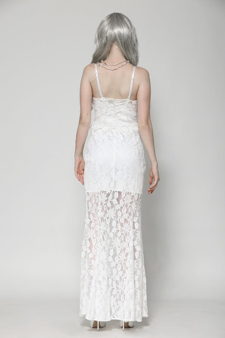 White Sleeveless Pleated Lace Women's Gothic Slip Dress Wedding Dress - Product - 4