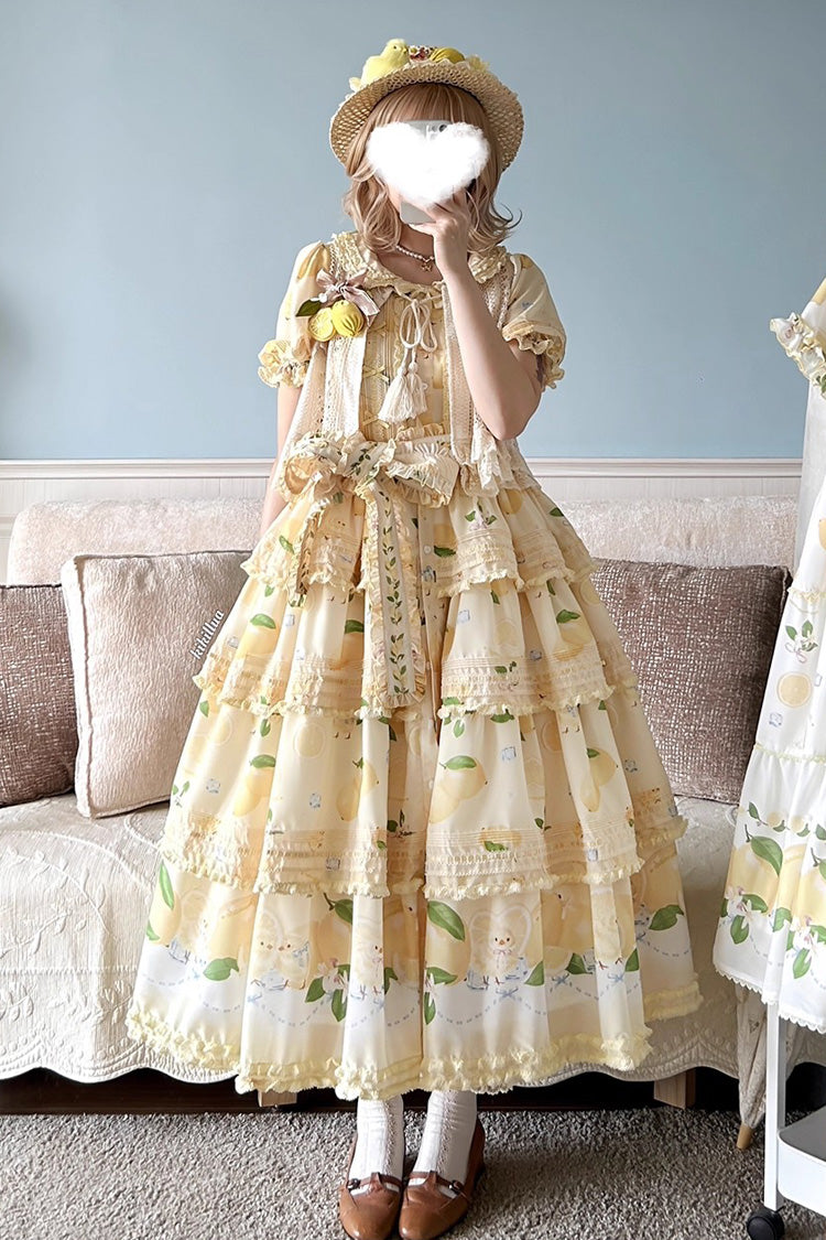 Yellow [Lemon Chicken] Short Sleeves Triple-Layered Print Ruffle Bowknot Lace Sweet Gorgeous Lolita Dress - Yellow - 1