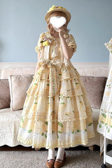 Yellow [Lemon Chicken] Short Sleeves Triple-Layered Print Ruffle Bowknot Lace Sweet Gorgeous Lolita Dress - Yellow - 1
