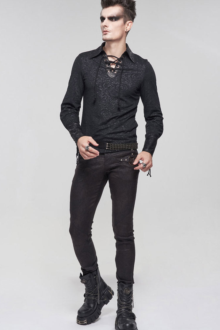 Black Gothic Pattern Decoration Tie Rope Design Knitted Elasticity Pullover Men's Shirt - Product - 7