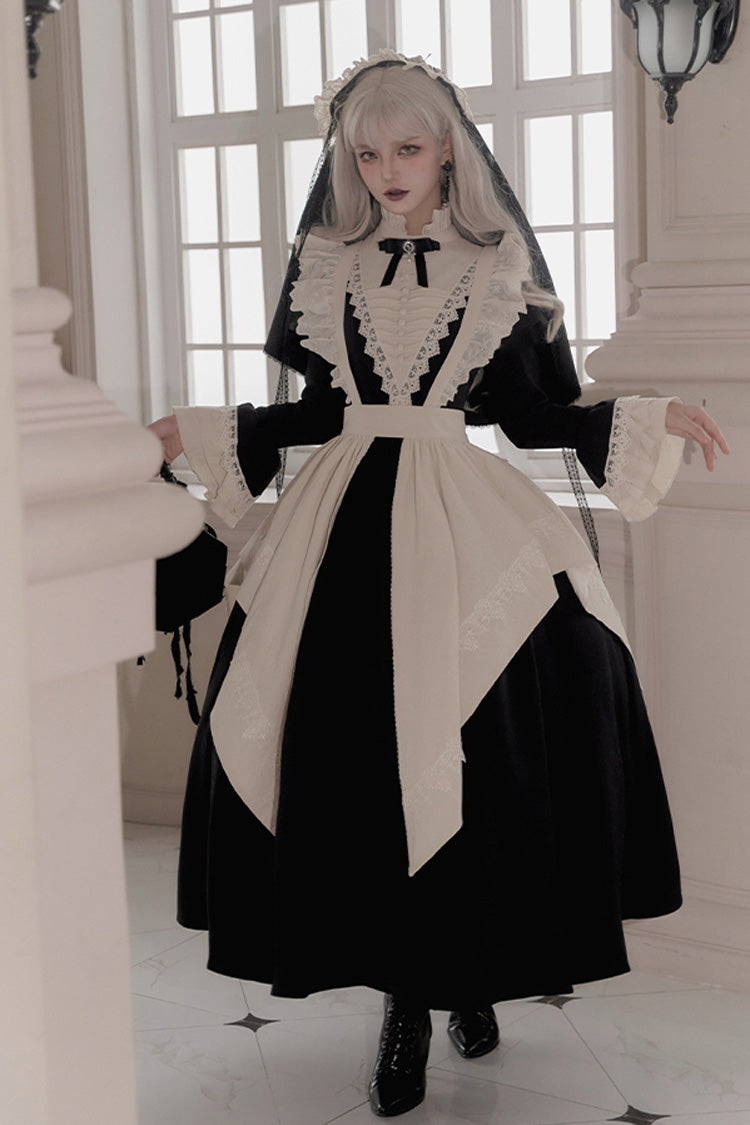 Black [Letters and Poems·Nocturne] Nun Long Sleeves Ruffle Gothic Lolita Long Dress - Black - 1