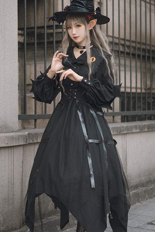 Black Lapel Collar Cat Eye Irregular Hem Gothic Lolita OP Dress - Product - 4