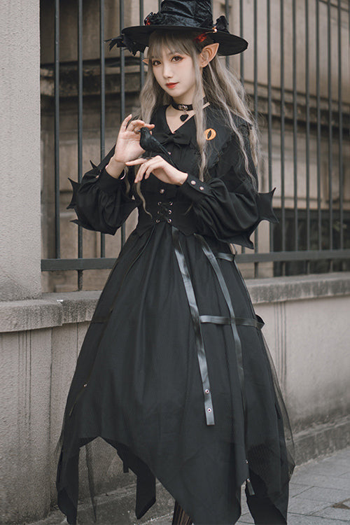 Black Lapel Collar Cat Eye Irregular Hem Gothic Lolita OP Dress - Product - 4
