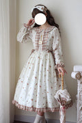 Elfenbein, runder Kragen, lange Ärmel, bedruckt, Rüschen, Schleife, süß, elegant (Kleid einzeln), Vorderansicht