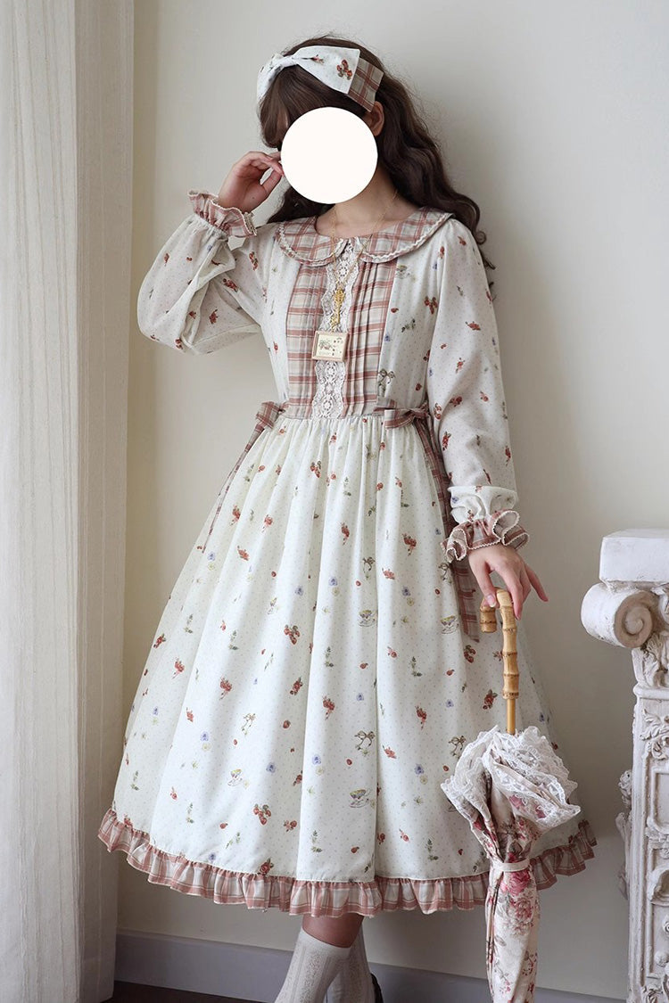 Ivory Round Collar Long Sleeves Print Ruffle Bowknot Sweet Elegant Lolita Dress - Ivory - 1