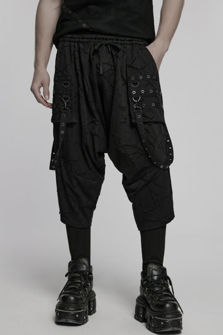 Black Tie-dyed Sagging Men's Punk Pants with Staps - Black - 1