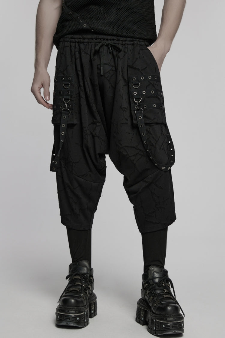 Black Tie-dyed Sagging Men's Punk Pants with Staps - Black - 1
