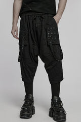 Black Tie-dyed Sagging Men's Punk Pants with Staps - Black - 1