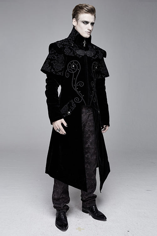 Black Hand Embroidered Cape Collar Velveteen Gothic Mens Coat - Product - 2