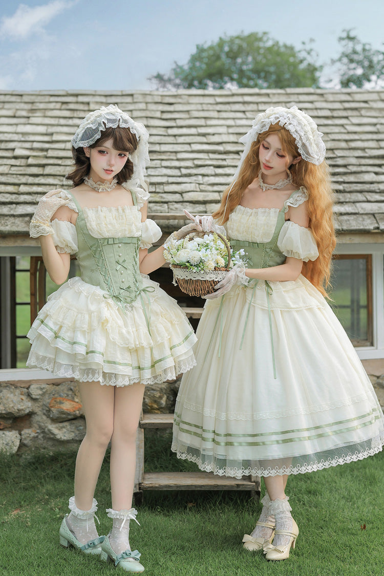 Green Square Collar Sleeveless Multi-Layered Ruffled Bow Lace Fishbone Sweet Lolita Jsk Dress 2 Versions - Product - 9