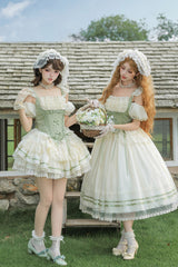 Green Square Collar Sleeveless Multi-Layered Ruffled Bow Lace Fishbone Sweet Lolita Jsk Dress 2 Versions - Product - 9