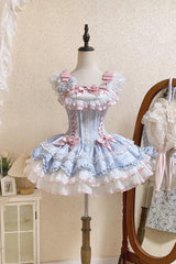 Blue Triple-Layered Ruffled Bow Lace-Up Slim Ballet Sweet Lolita Dress - Product - 8