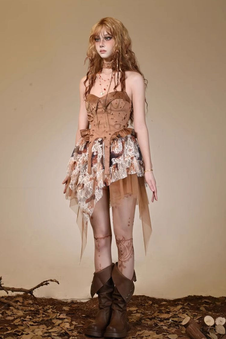 Brown Halterneck Sleeveless Lace Irregular Ripped Punk Vintage Jsk Dress - Product - 5