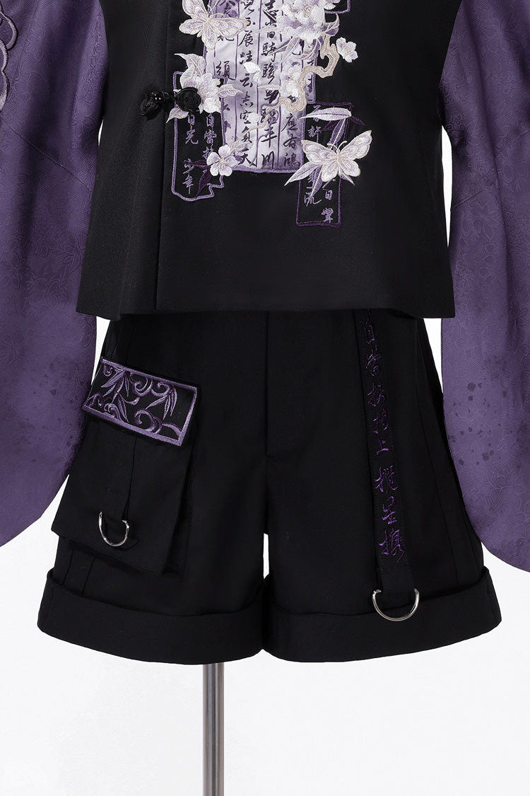 Black/Purple Stand Collar Long Sleeves Embroidery Classic Chinese Style Prince Hanfu Ouji Set - Product - 13