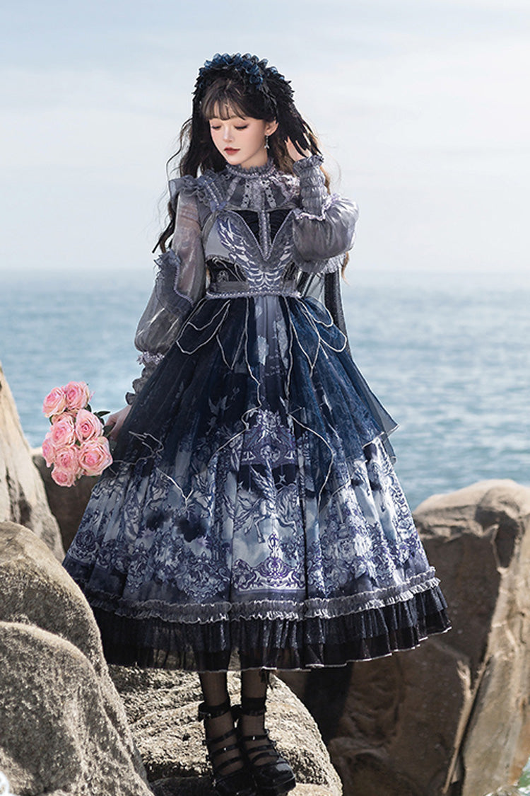 Blue [Angel Garden] Print Ruffle Bowknot Asymmetric Classic Elegant Lolita Jsk Dress - Product - 5