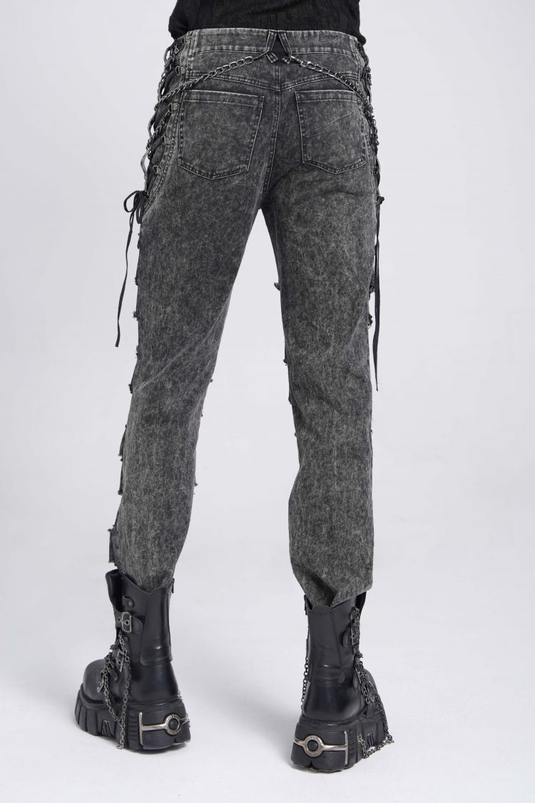 Black Ripped Rivet Men's Punk Pants with Chain - Product - 6