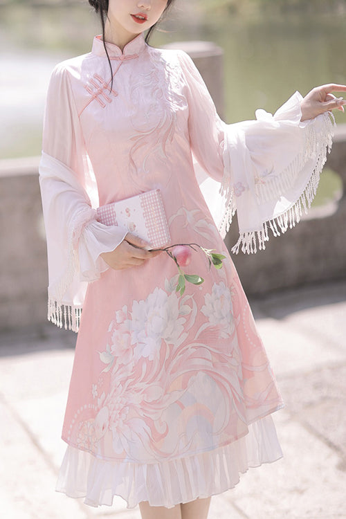 Chinese Ancient Han Element Style Fish Shadow Embroidery Sweet Hanfu Dress - Pink - 1