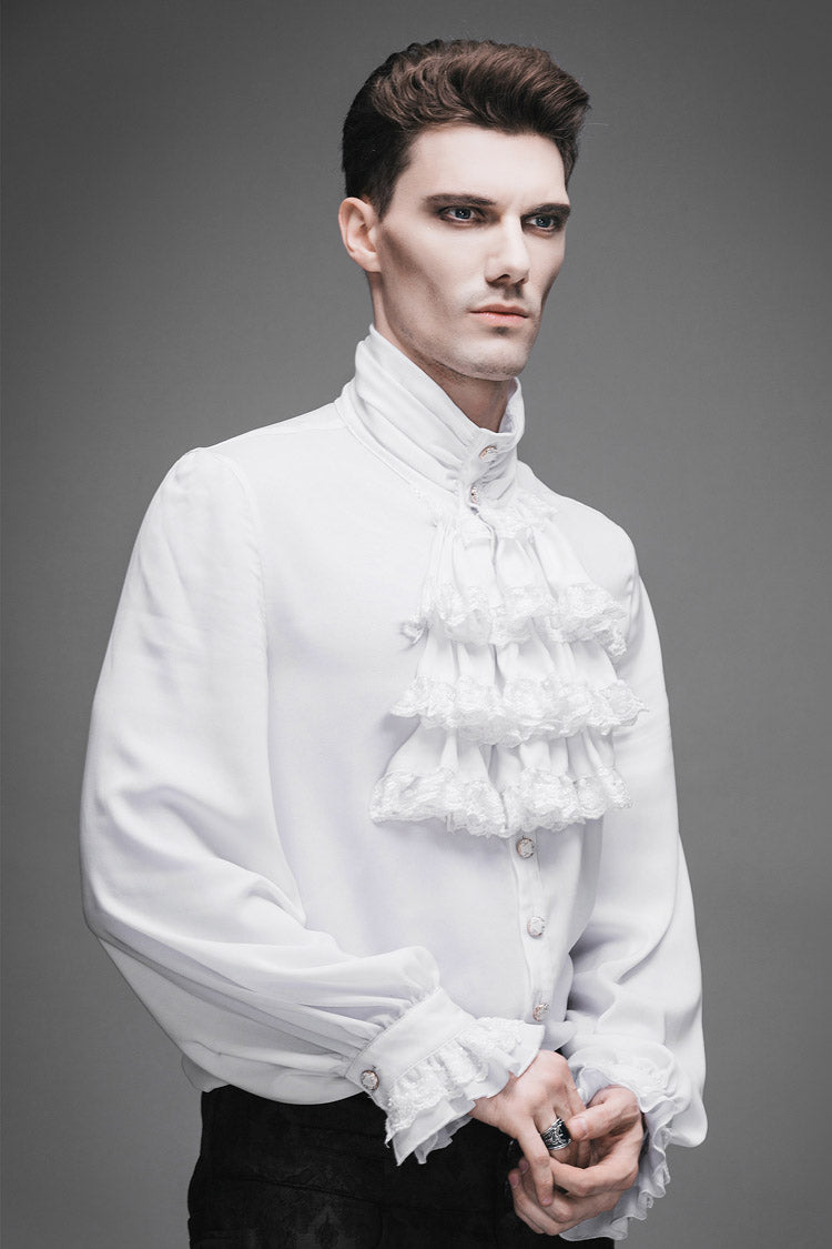 White Ruffled Lace Button-Up Micro-bullet Chiffon Long Sleeve Men's Gothic Shirt - Product - 6