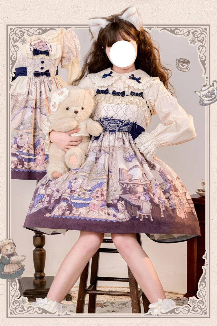 Multi-Color Cat Manor Print Embroidery Bowknot Sweet Lolita JSK Dress - Multi-Color - 1