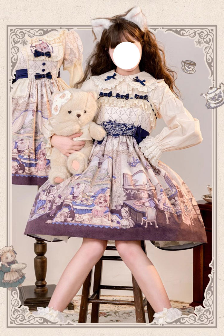 Multi-Color Cat Manor Print Embroidery Bowknot Sweet Lolita JSK Dress - Multi-Color - 1