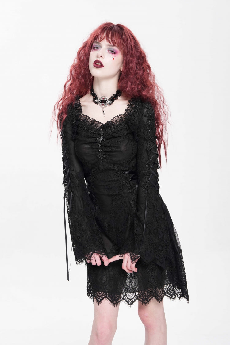 Black Square Collar Long Trumpet Sleeves Embroidered Lace-Up Women's Gothic Dress - Product - 5