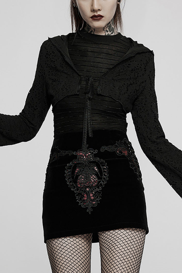 Black Gothic Lace Big Hat Hole Mysterious Horn Long Sleeve Short Women's Coat - Black - 1