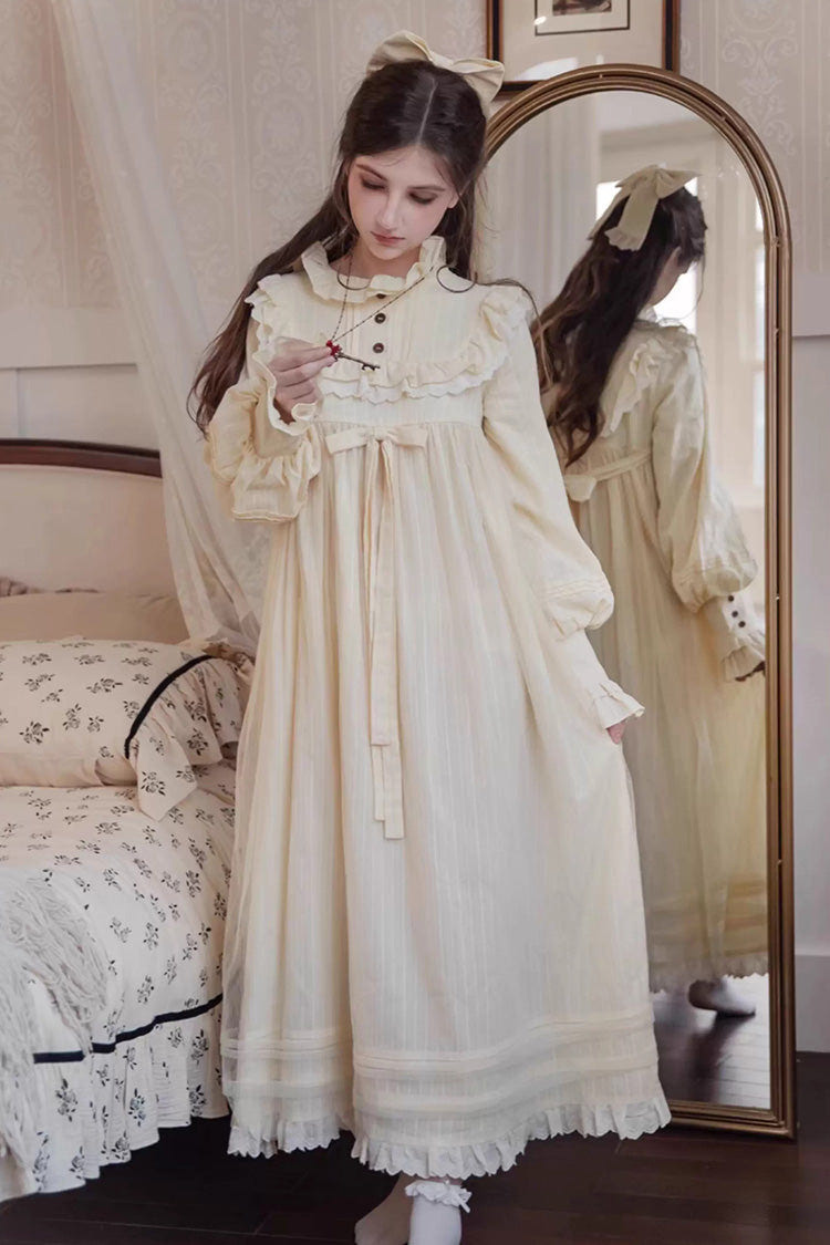 Ivory Long Sleeves Ruffle Bowknot Lace Sweet Lolita Home Wear Nightdress - Ivory - 1