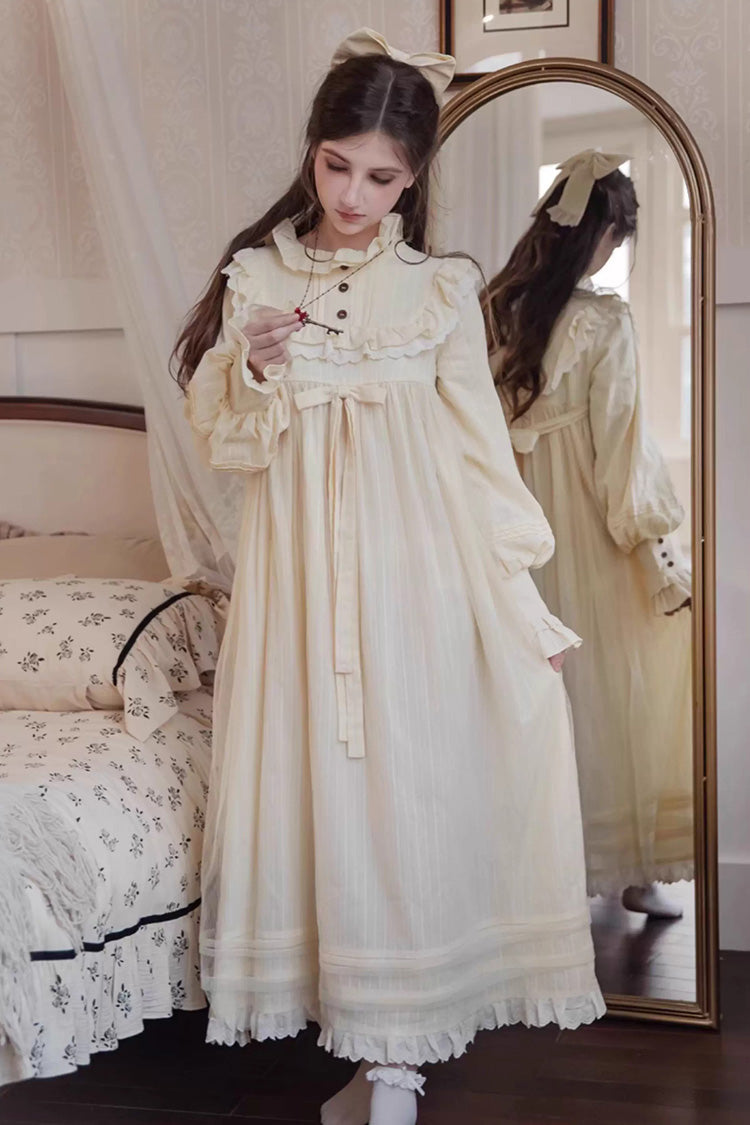Ivory Long Sleeves Ruffle Bowknot Lace Sweet Lolita Home Wear Nightdress - Ivory - 1