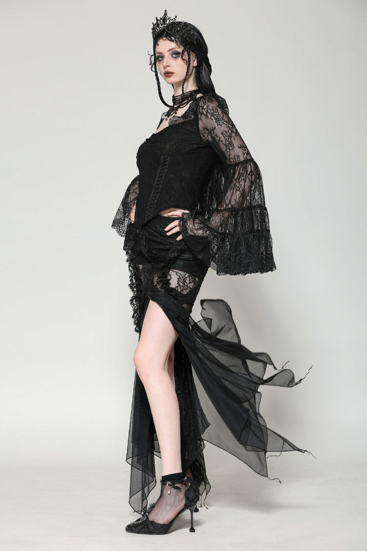 Black Women's Gothic V Collar Long Flared Sleeves Lace Patchwork Blouse - Product - 2
