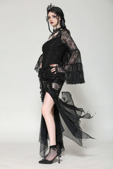 Black Women's Gothic V Collar Long Flared Sleeves Lace Patchwork Blouse - Product - 2